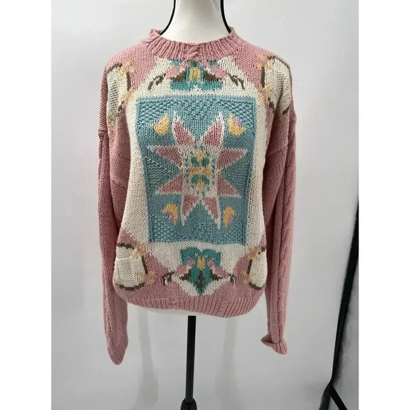 Vintage Woolrich Women's Soft Pink Abstract Hand Knit Pullover Sweater Sz Medium - Picture 6 of 8